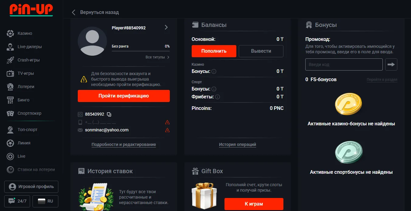 Активация промокода Пин Ап КЗ в личном кабинете